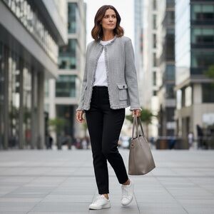 Tweed Fringe Collarless Jacket Grey White Herringbone XL NIC+ZOE Business Career